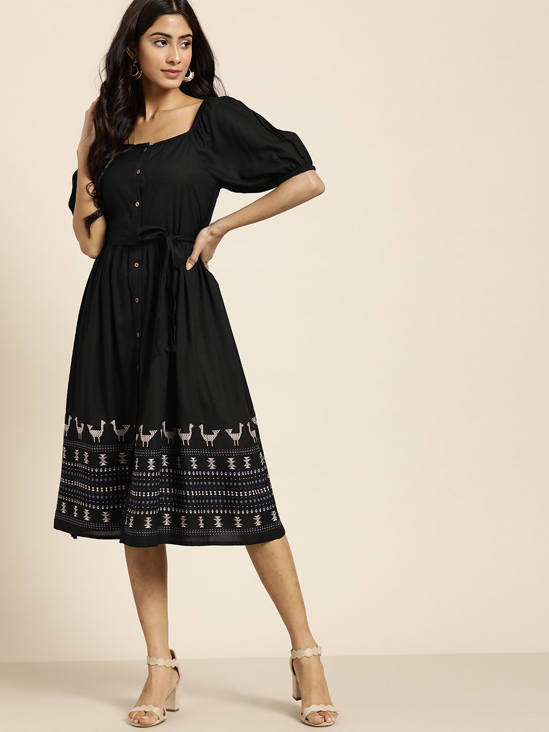all about you Women Black & Beige Printed A-Line Midi Dress Price in India