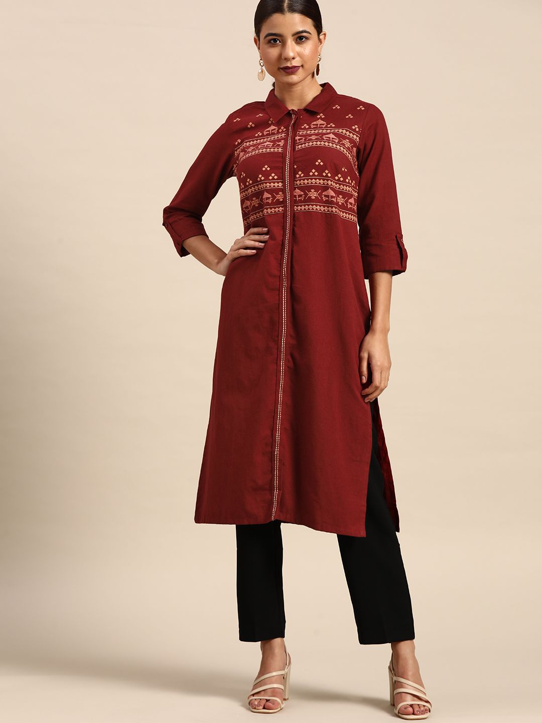 all about you Women Maroon & Coral Orange Ethnic Motifs Printed Cotton Linen Kurta Price in India