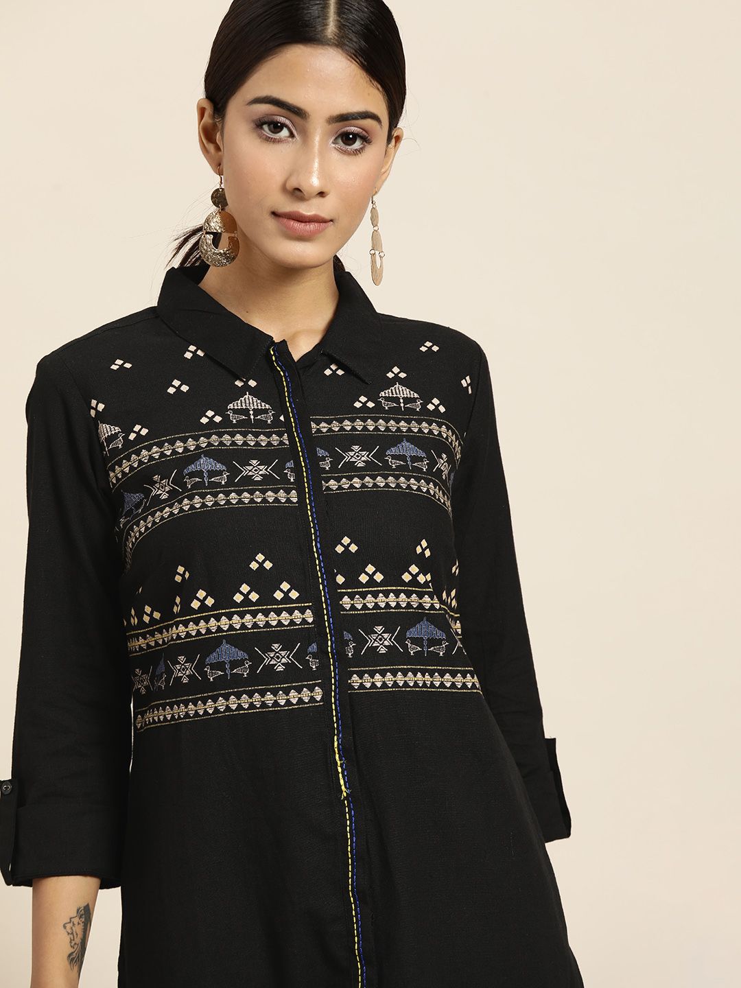 all about you Women Black & Beige Ethnic Motifs Yoke Design Kurta