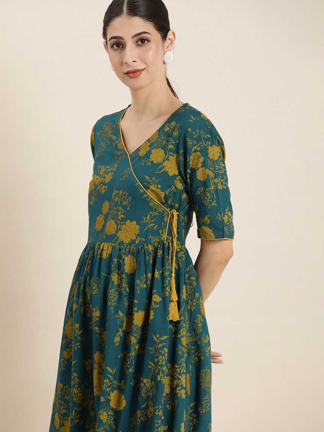 all about you Teal Blue & Mustard Yellow Floral Print Ethnic Midi Wrap Dress