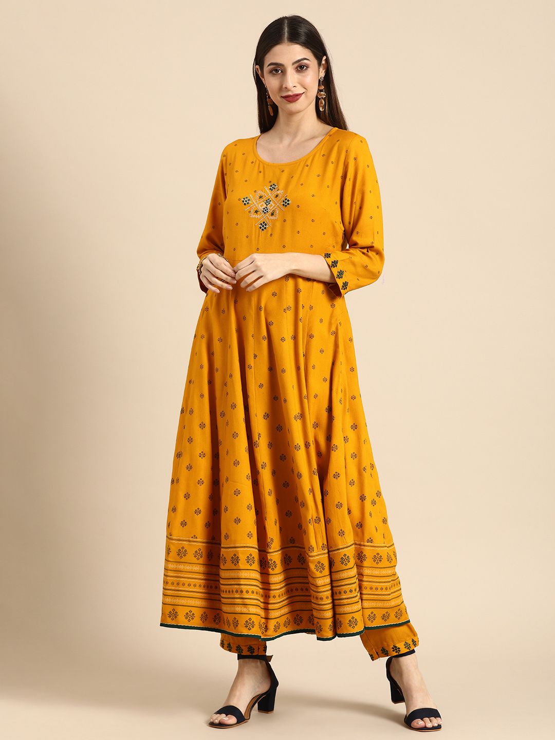all about you Women Mustard Yellow Ethnic Motifs Printed Thread Work Kurta with Trousers