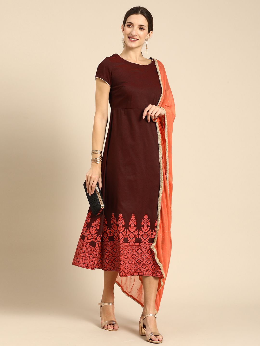 all about you Brown Ethnic Motifs Ethnic A-Line Midi Dress with Dupatta Price in India