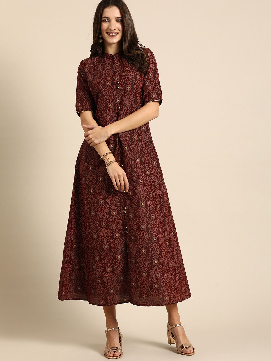 all about you Maroon & Orange Ethnic Motifs Maxi Dress Price in India