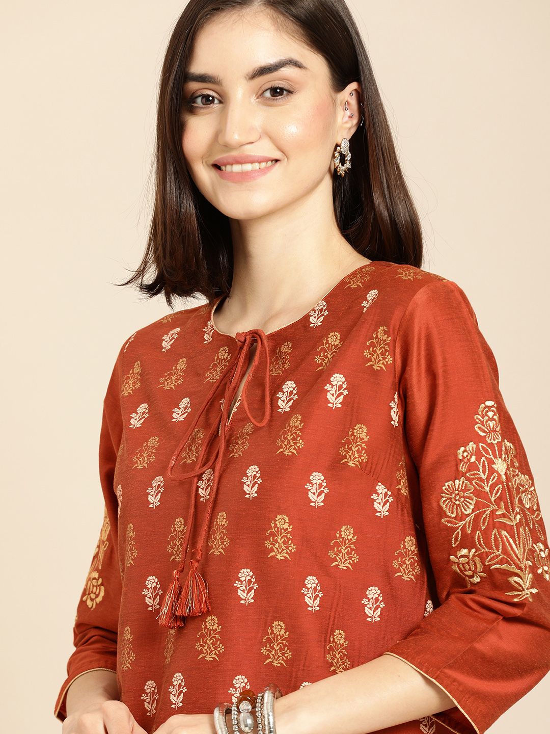 all about you Women Orange & Yellow Floral Printed Regular Kurta with Trousers Price in India