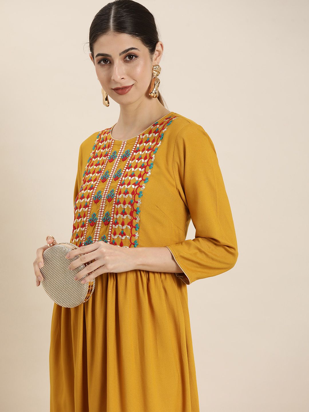all about you Mustard Yellow Floral Embroidered Tiered Kurta Price in India