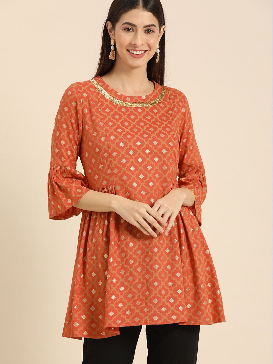 all about you Peach-Coloured & Orange Ethnic Motifs Printed Flared Sleeves Sequinned Kurti Price in India