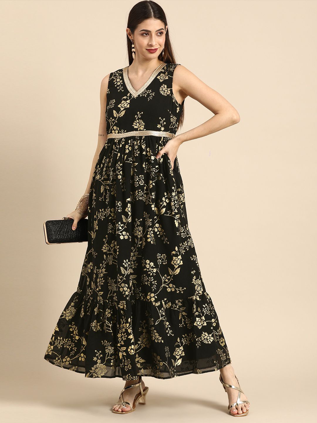 all about you Black & Gold-Toned Floral Print A-Line Maxi Dress Price in India