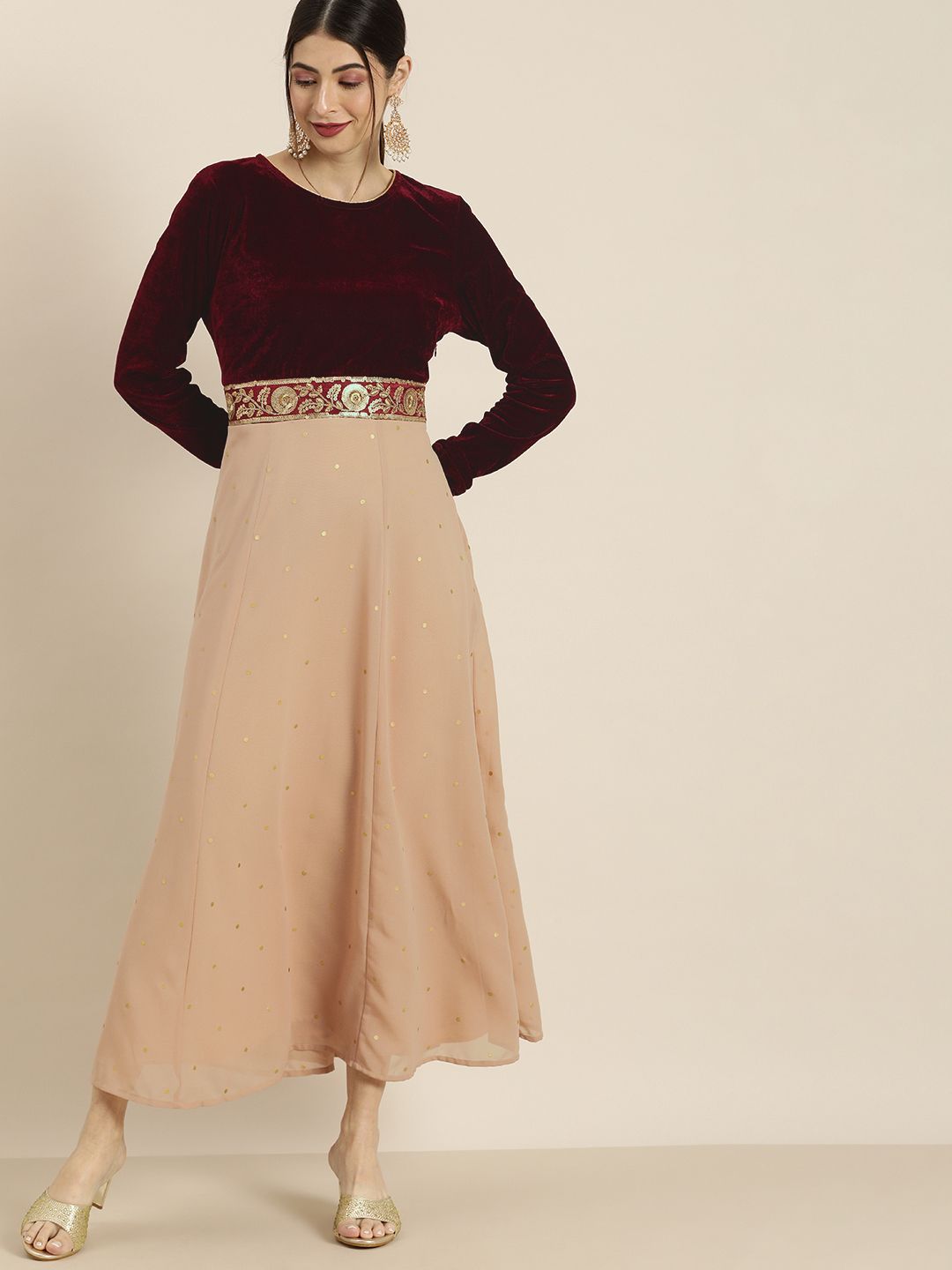 all about you Burgundy & Beige Colourblocked Velvet Sequinned Ethnic Maxi Gown Price in India