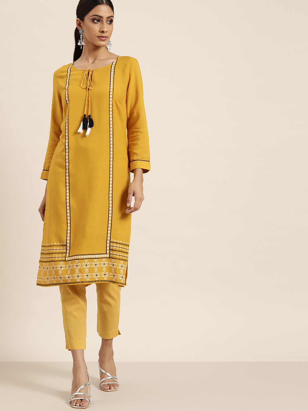 all about you Women Mustard Yellow Solid Straight Kurta Price in India
