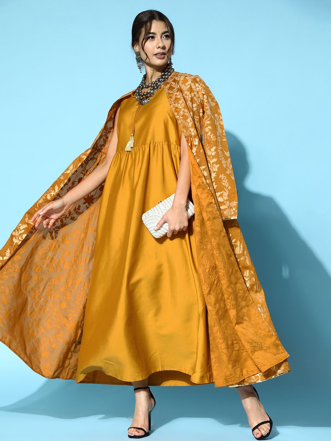 all about you Mustard Yellow & Golden Ethnic Motifs Print Maxi Dress with Longline Jacket Price in India