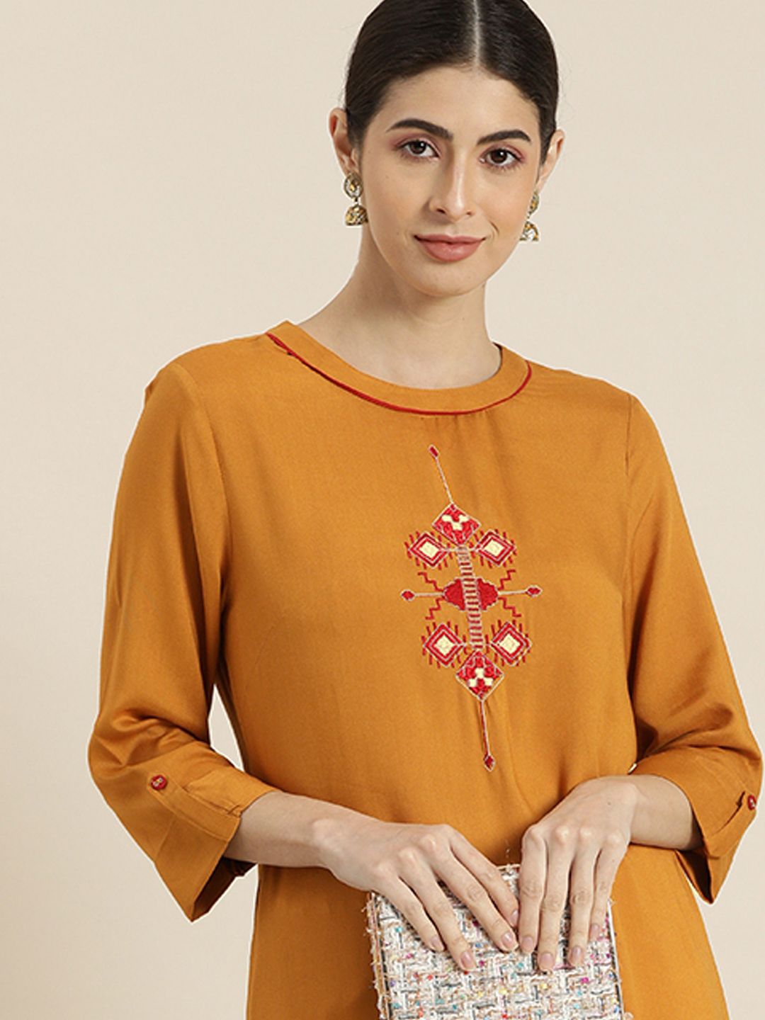 all about you Women Mustard Yellow Geometric Embroidered Kurta Price in India