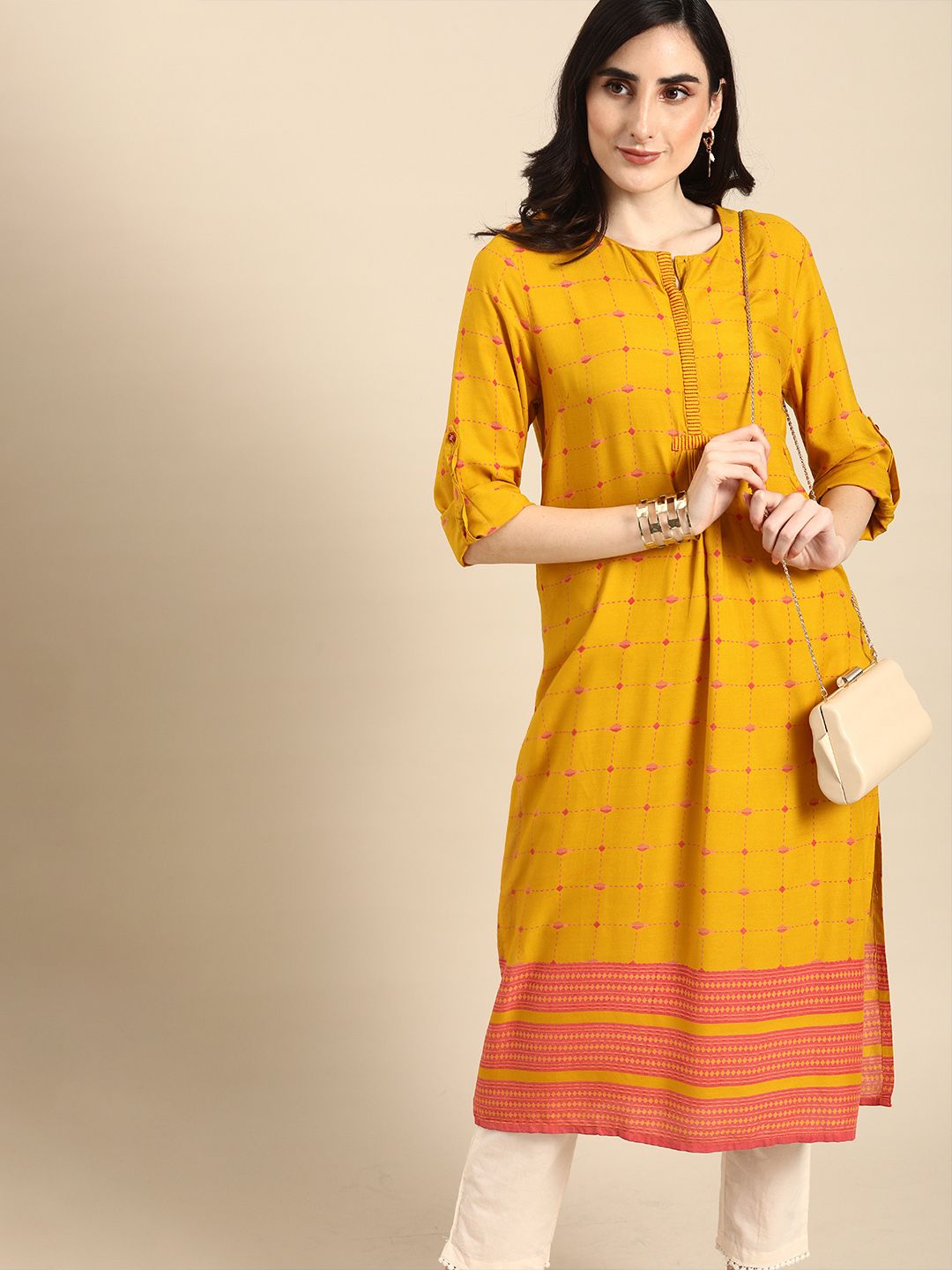 all about you Women Yellow & Pink Printed Kurta Price in India
