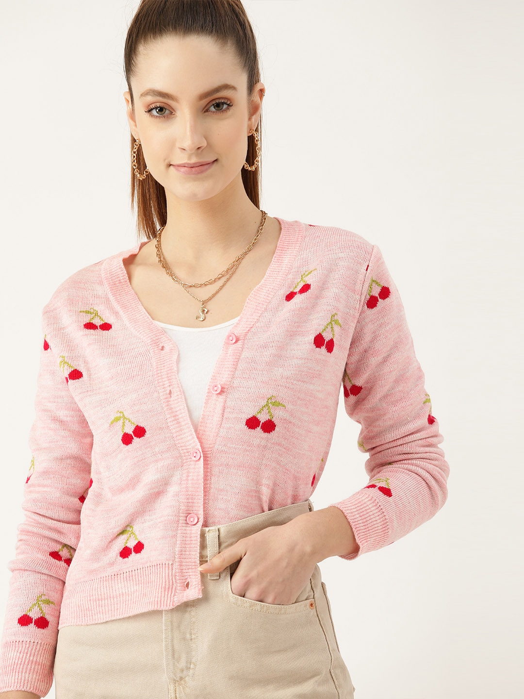 DressBerry Women Pink Self-Design Cardigan Price in India