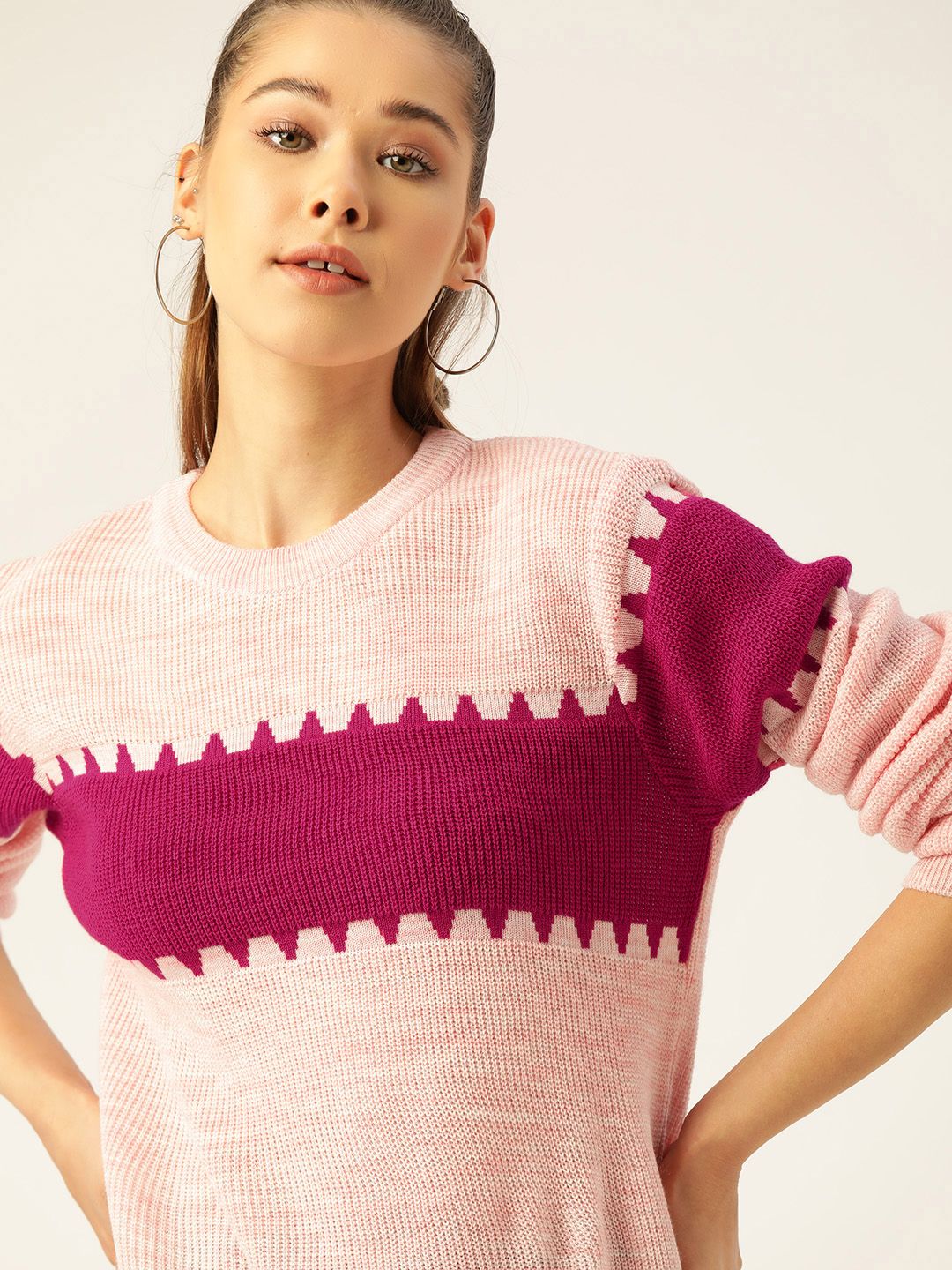 DressBerry Women Pink Melange Effect Striped Self-Design Acrylic Pullover Sweater Price in India