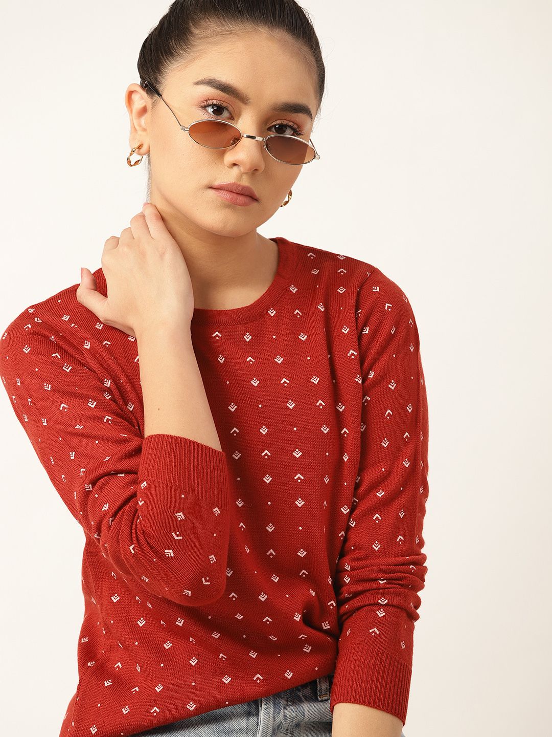DressBerry Women Maroon & White Printed Pullover Price in India