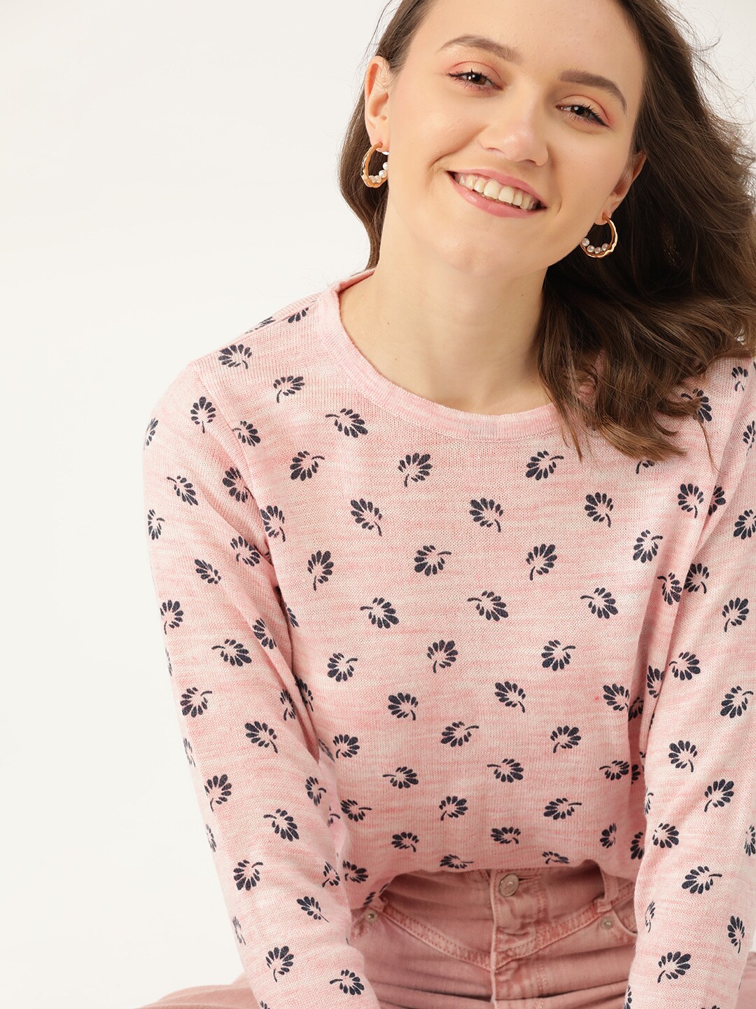 DressBerry Women Pink & Navy Blue Floral Print Pullover Price in India