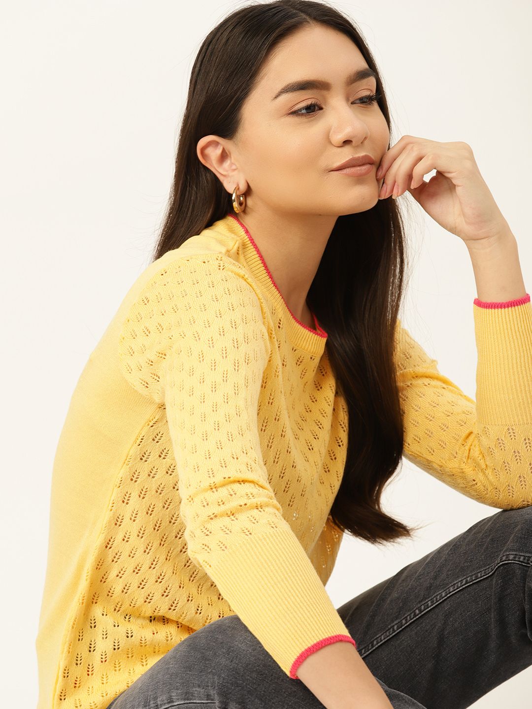 DressBerry Women Yellow Open Knit Pullover Price in India
