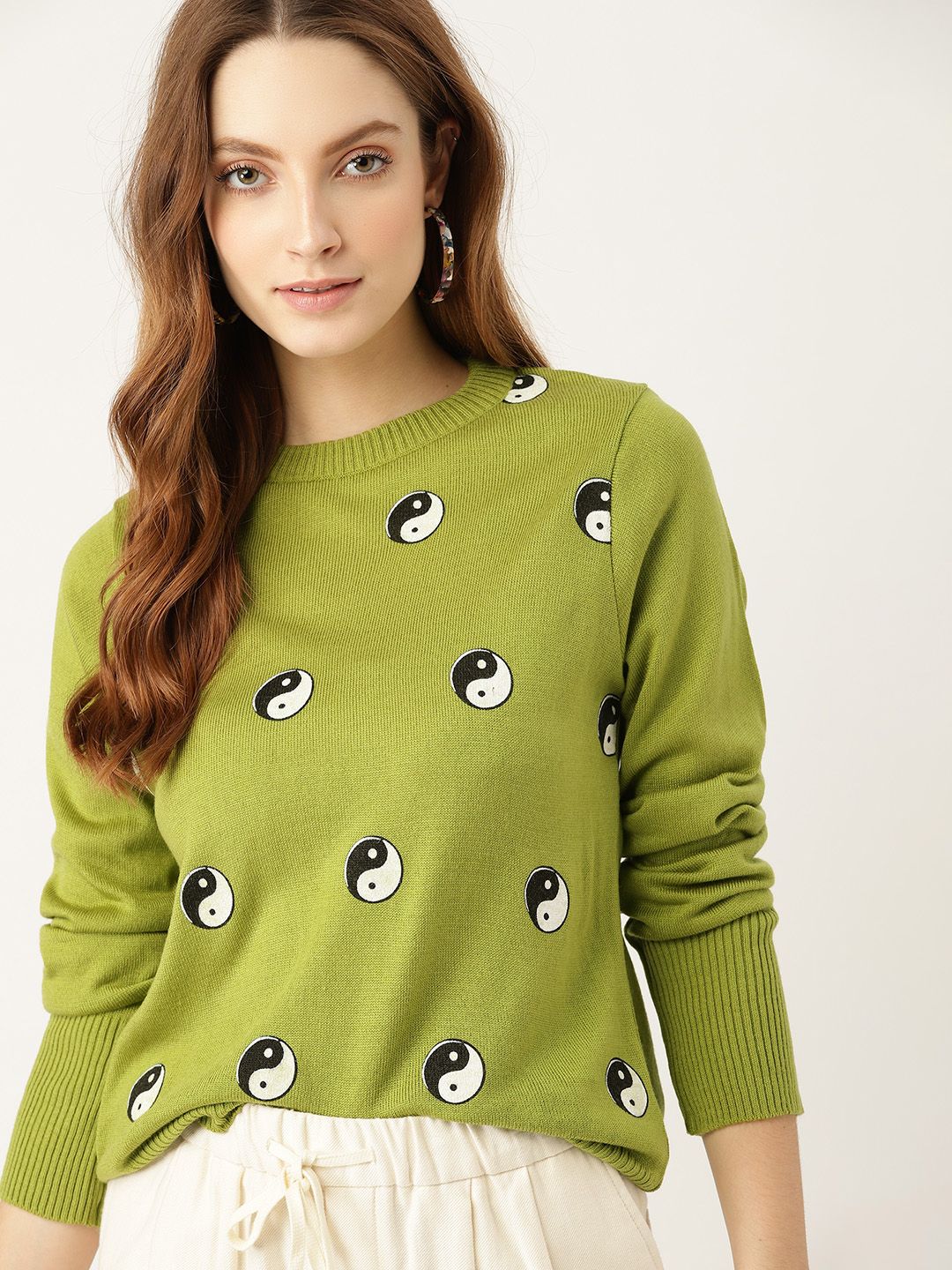 DressBerry Women Green & Black Yin-Yang Print Acrylic Pullover Price in India