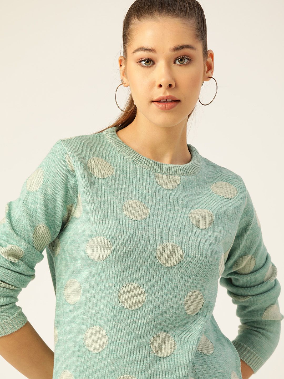 DressBerry Women Mint Green & Off White Self-Design Pullover Price in India
