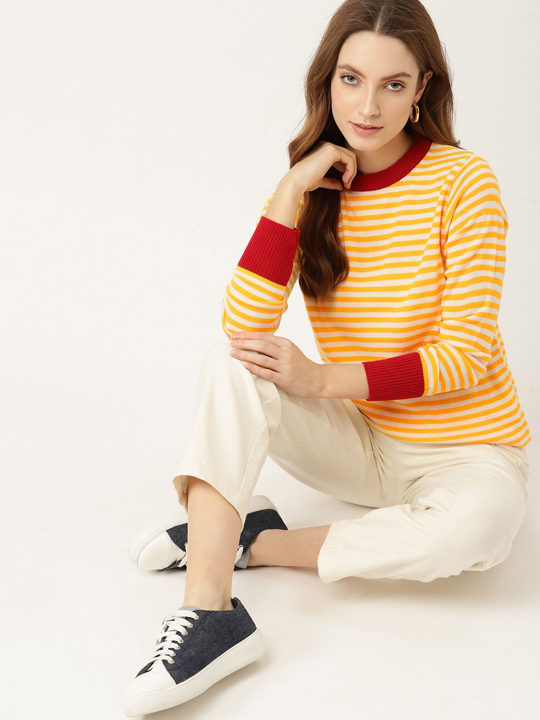DressBerry Women Yellow & White Striped Acrylic Pullover Price in India