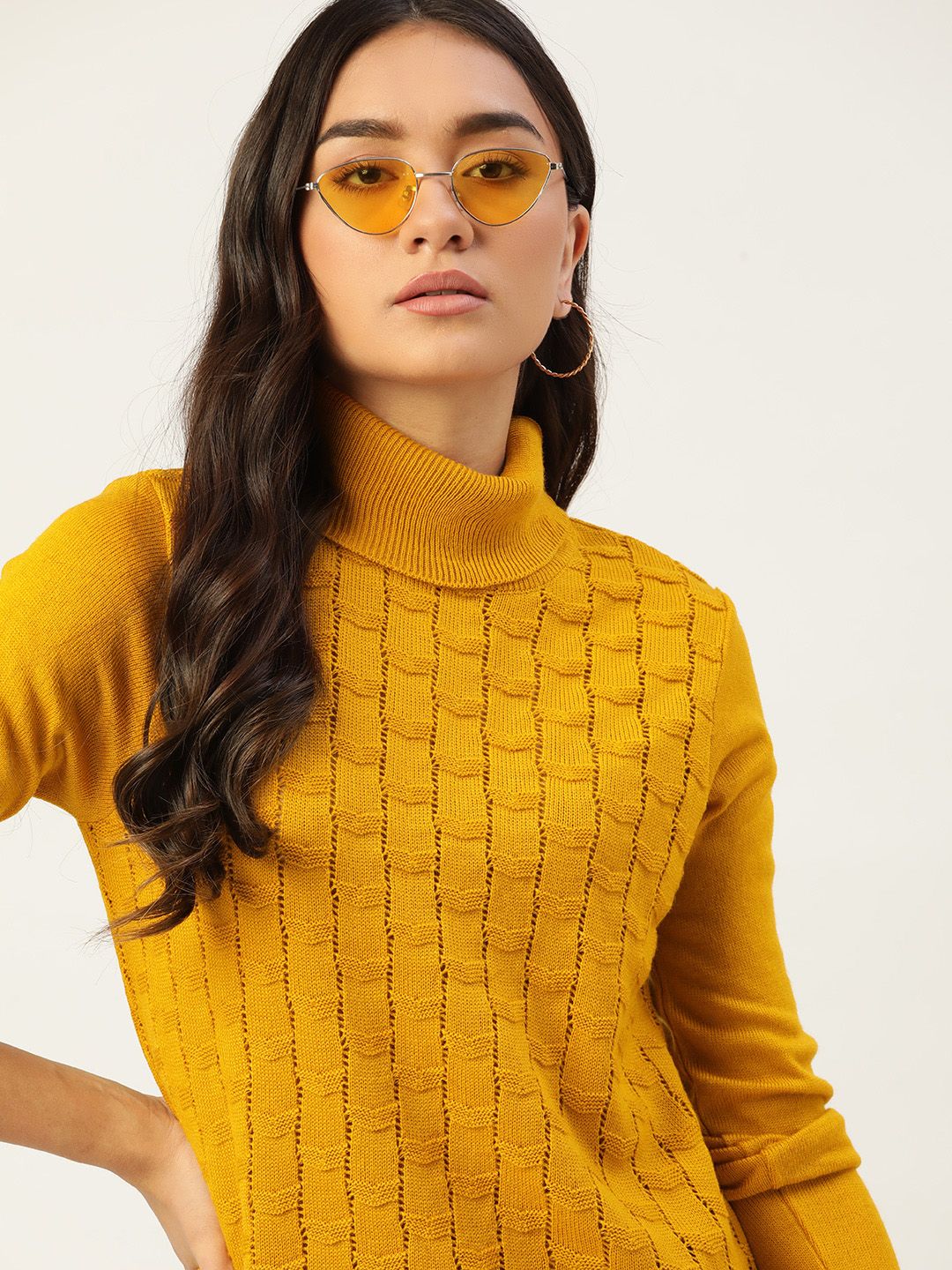 DressBerry Women Mustard Yellow Self-Design Pullover Price in India