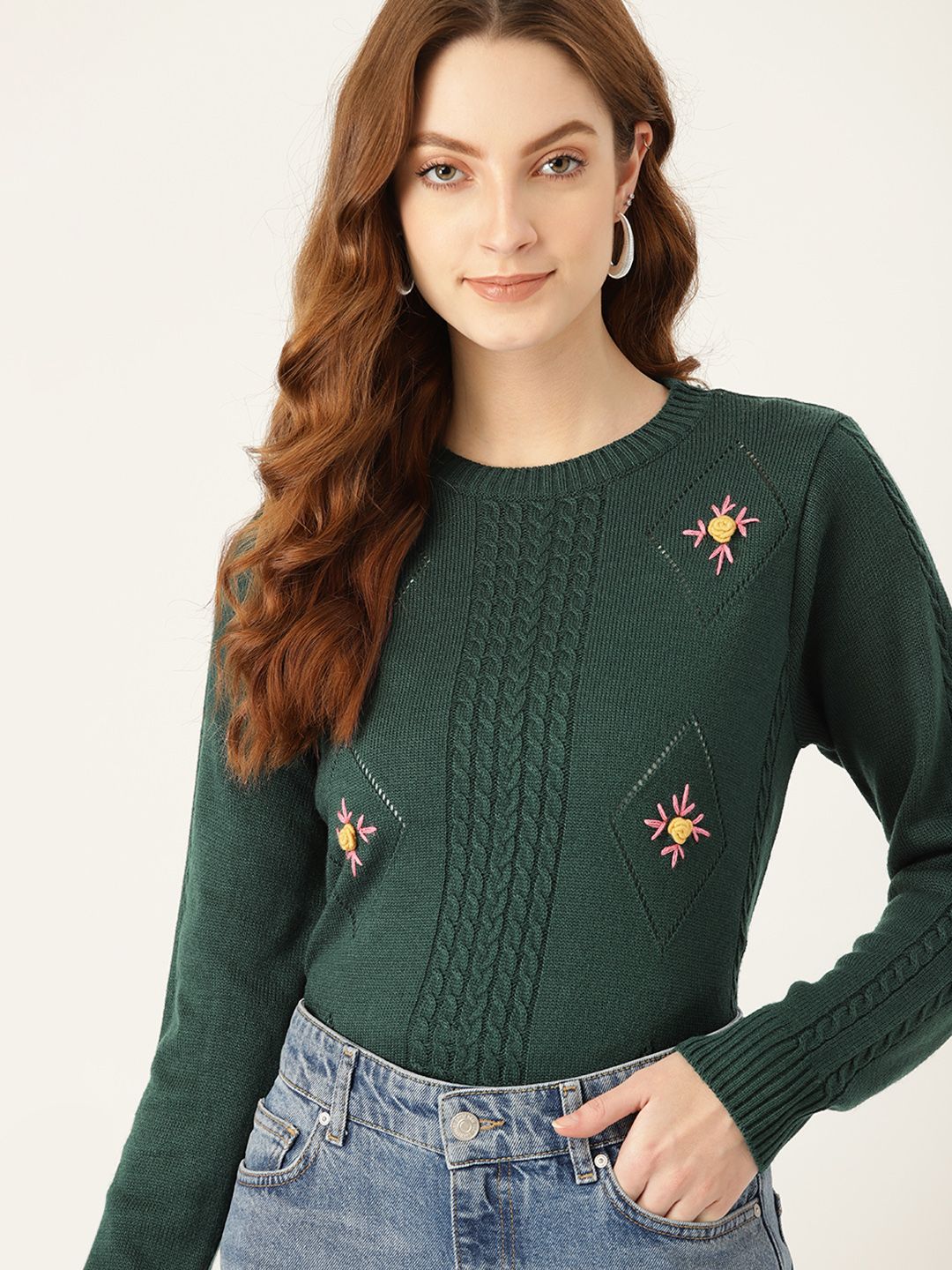 DressBerry Women Green & Pink Floral Embroidered Pullover Price in India