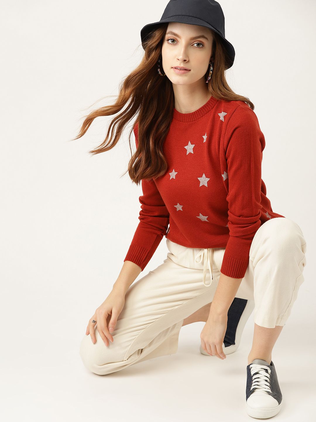 DressBerry Women Red & Grey Star Print Acrylic Pullover Price in India