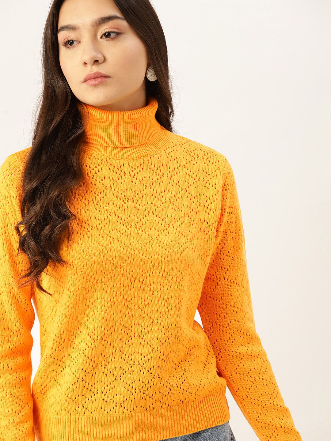 DressBerry Women Yellow Open-Knit Turtle Neck Pullover Price in India