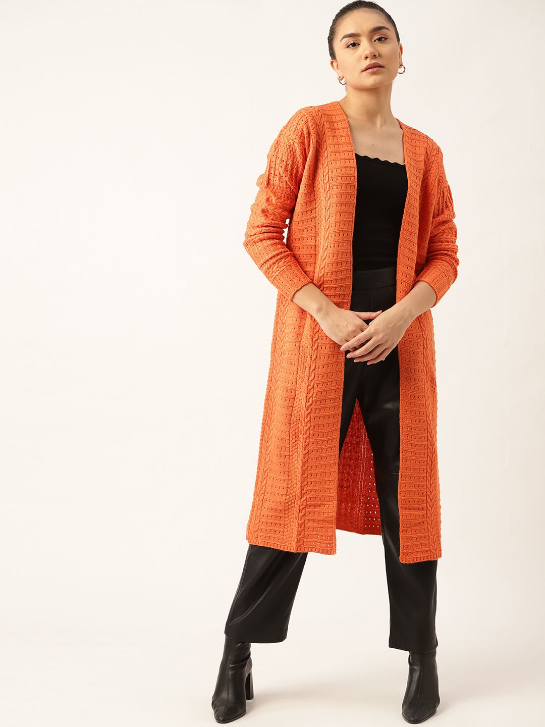 DressBerry Women Orange Striped Longline Shrug Price in India