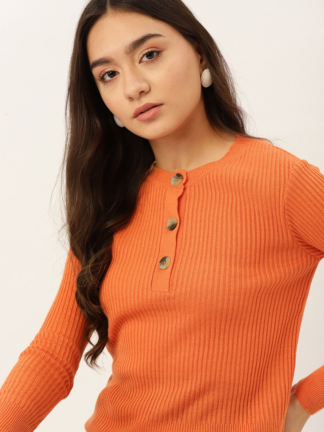 DressBerry Women Orange Ribbed Pullover Price in India