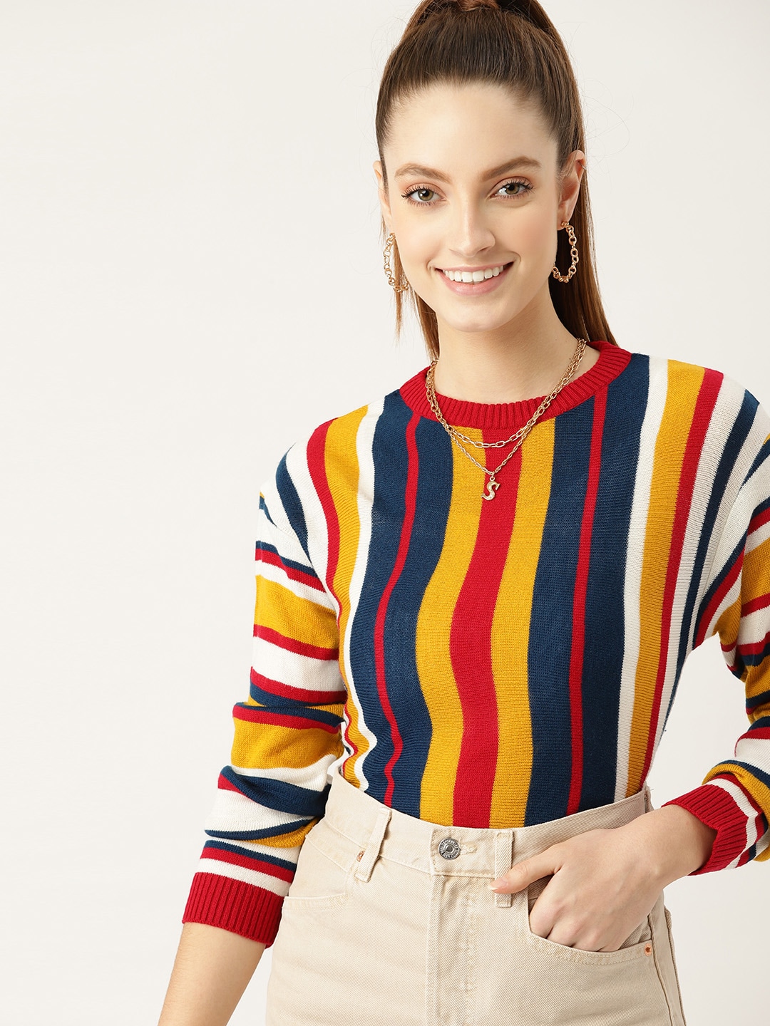 DressBerry Women Mustard & Red Striped Pullover Price in India