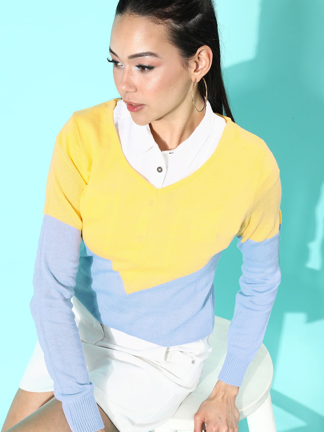 DressBerry Women Bright Yellow Colourblocked Acrylic Sweater Price in India