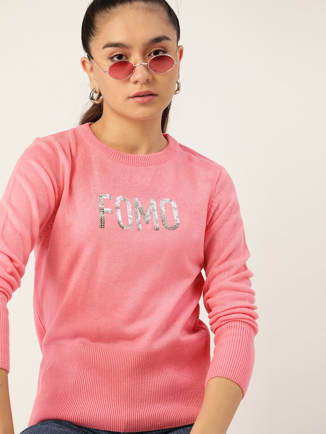 DressBerry Women Pink & Silver Typography Embellished Pullover Price in India