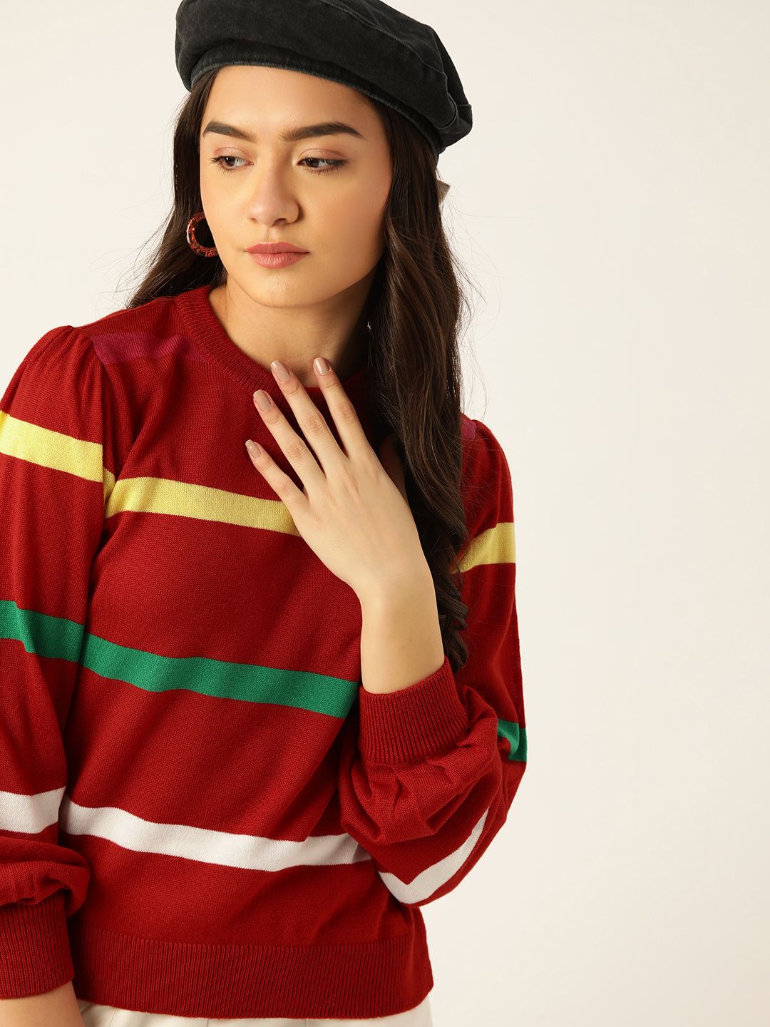 DressBerry Women Red & Green Striped Pullover Price in India