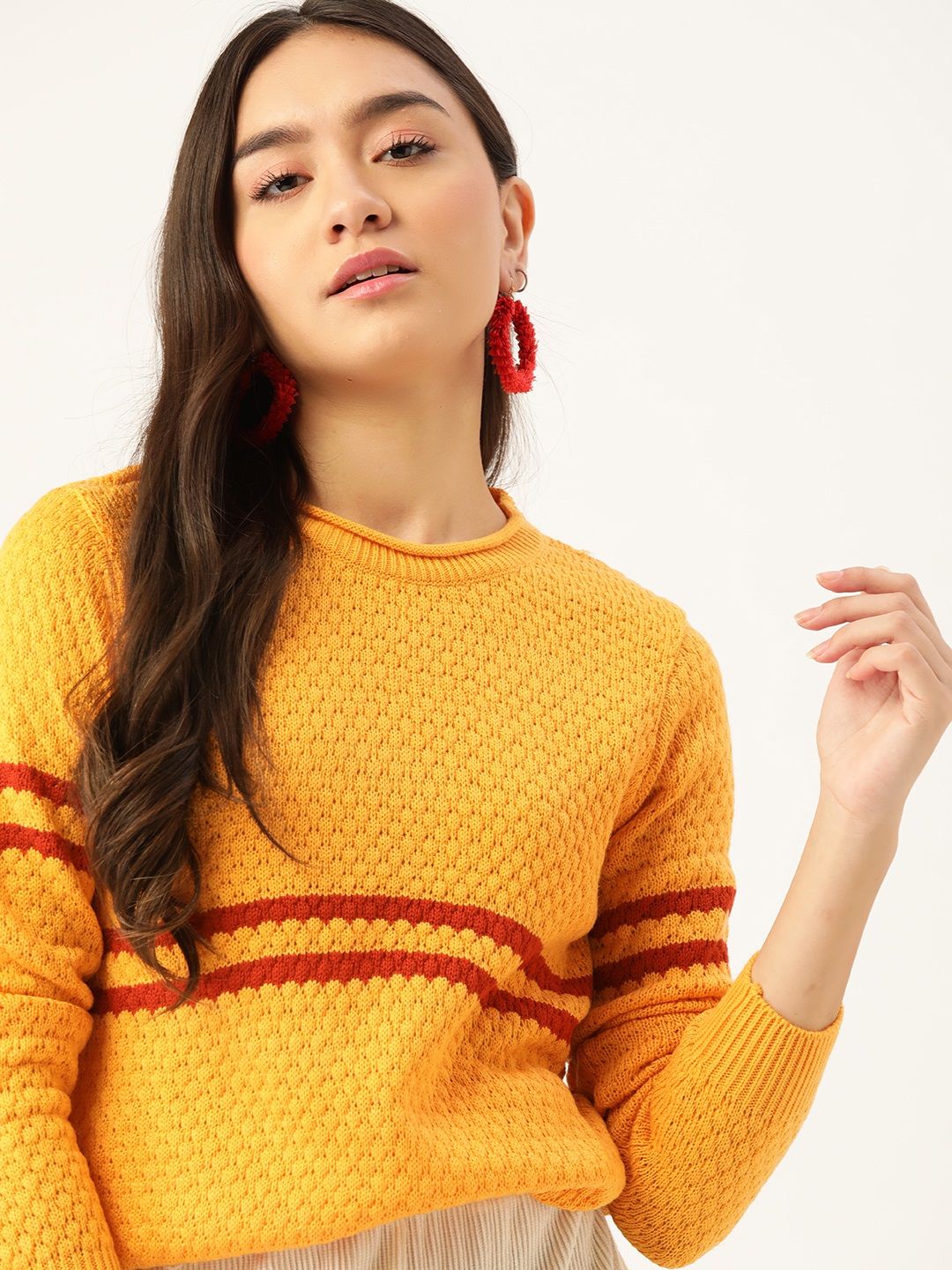 DressBerry Women Yellow Self-Design Pullover Price in India