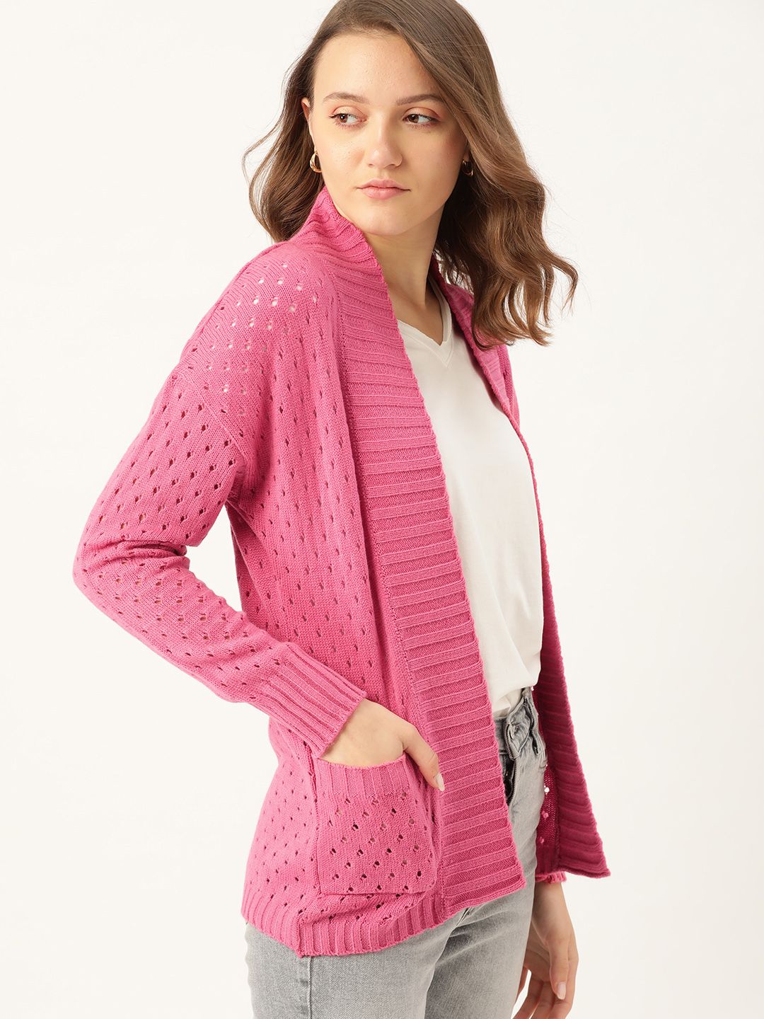 DressBerry Women Pink Open Knit Front-Open Sweater Price in India