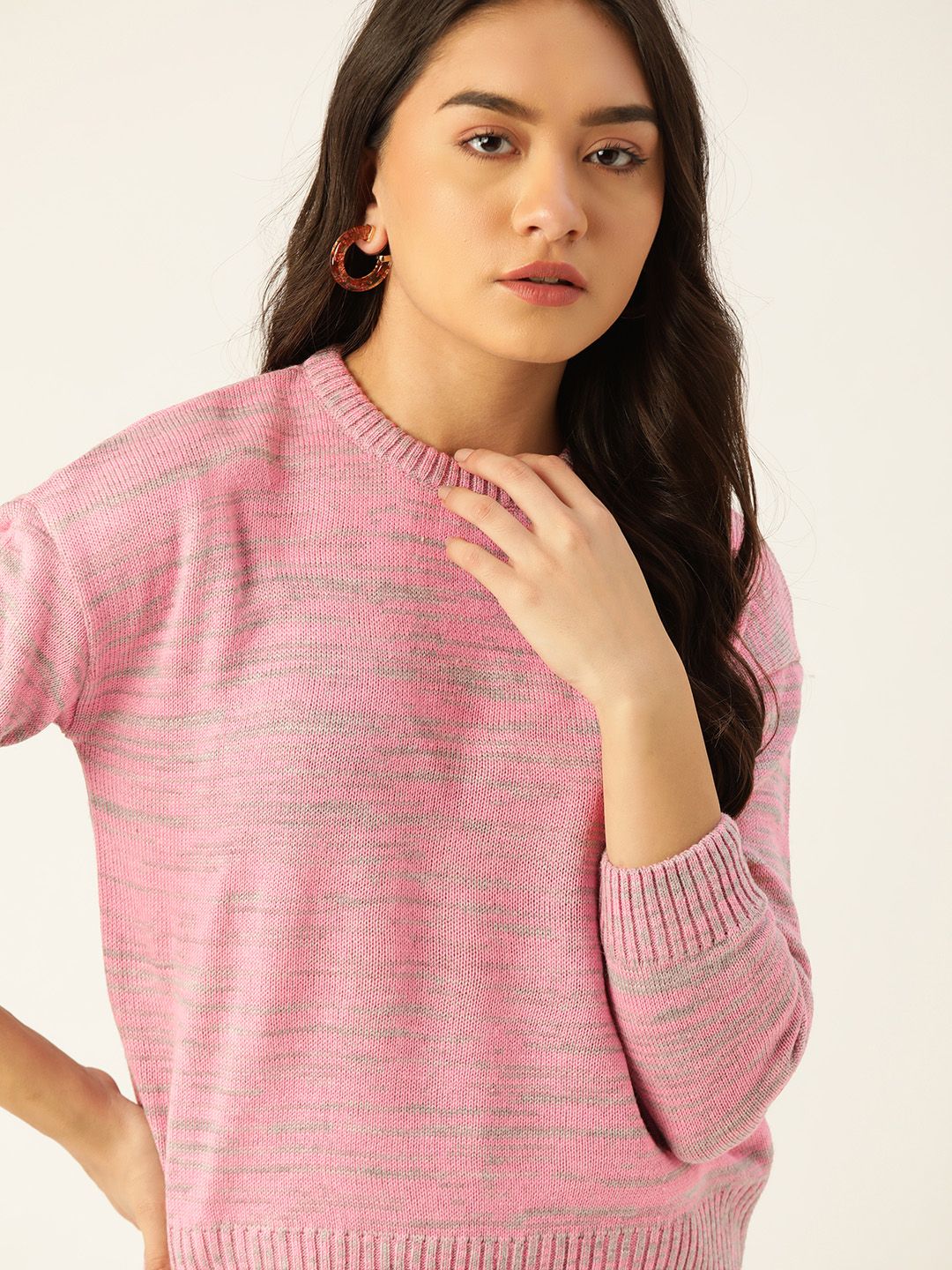 DressBerry Women Pink & Grey Self Design Abstract Pullover Price in India