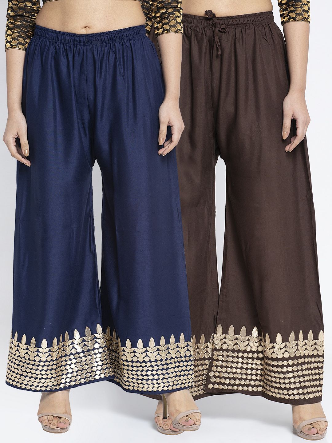 GRACIT Women Pack of 2 Navy Blue & Brown Ethnic Motifs Hem Design Palazzos Price in India