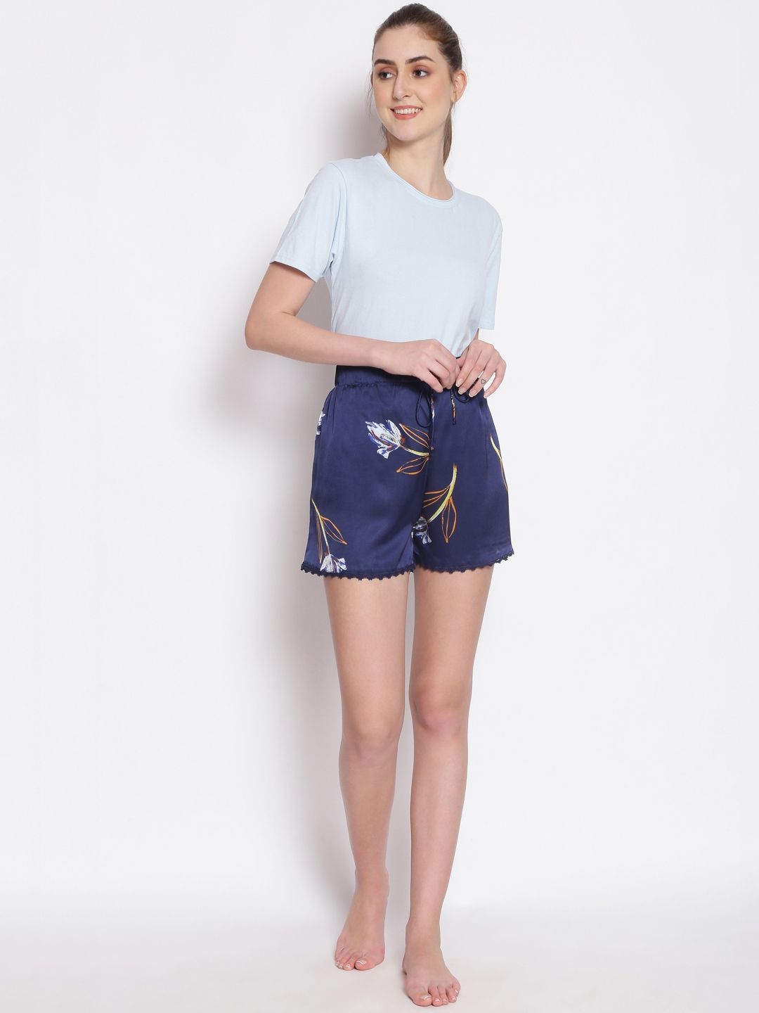 Oxolloxo Women Navy Blue Printed Lounge Shorts Price in India