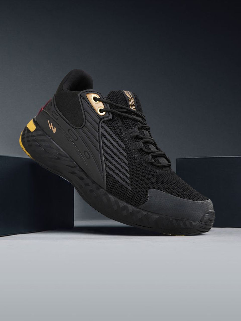 Campus Men Black & Yellow Mesh Running Shoes