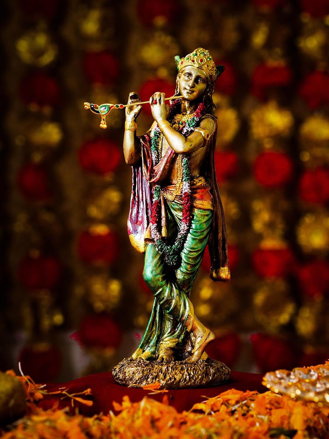 TIED RIBBONS Gold-Toned & Green Lord Krishna Playing Murli Idol Decorative Statue Showpiece Price in India