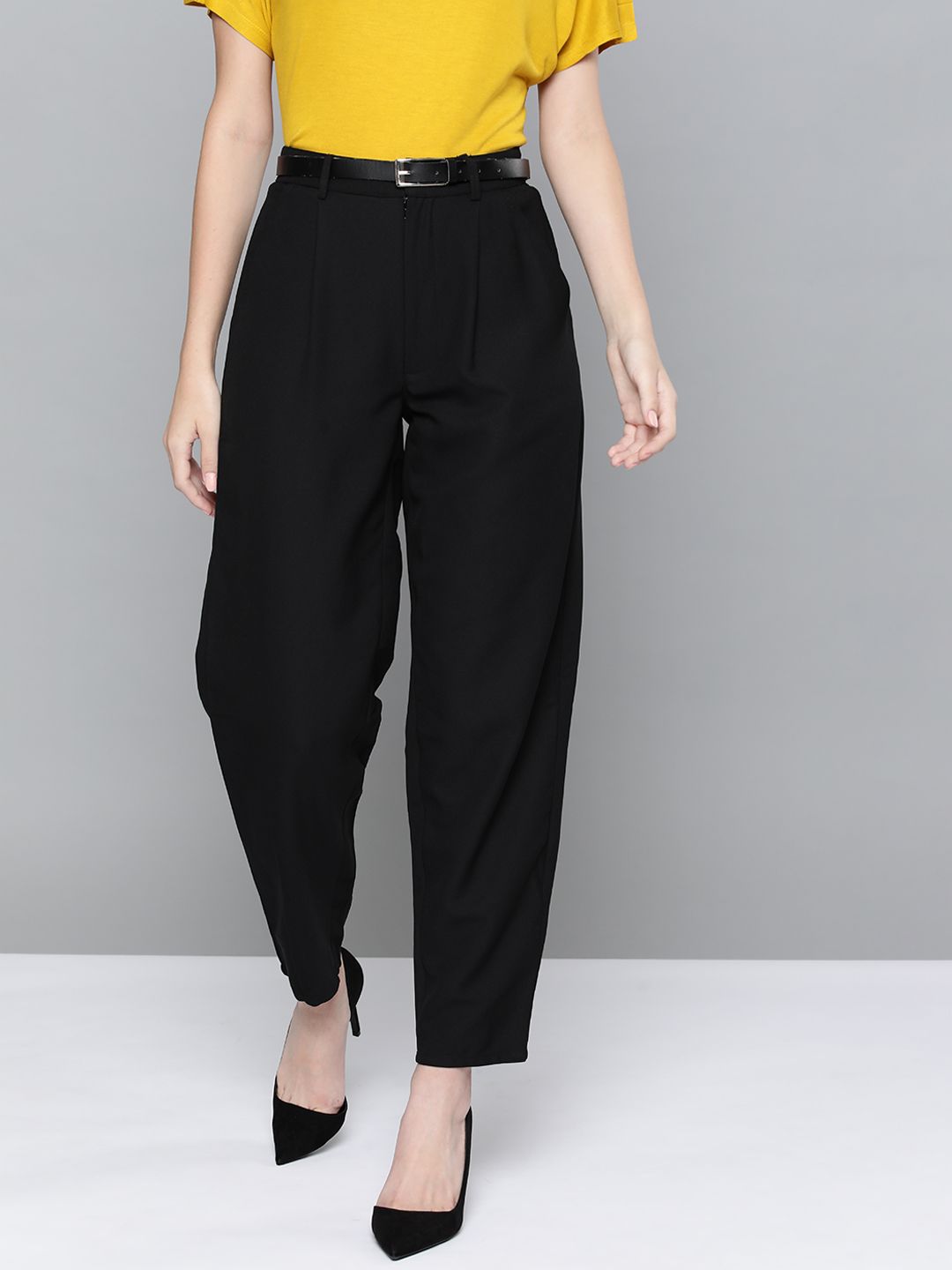 Chemistry Women Black Pleated Formal Trousers & Belt Price in India