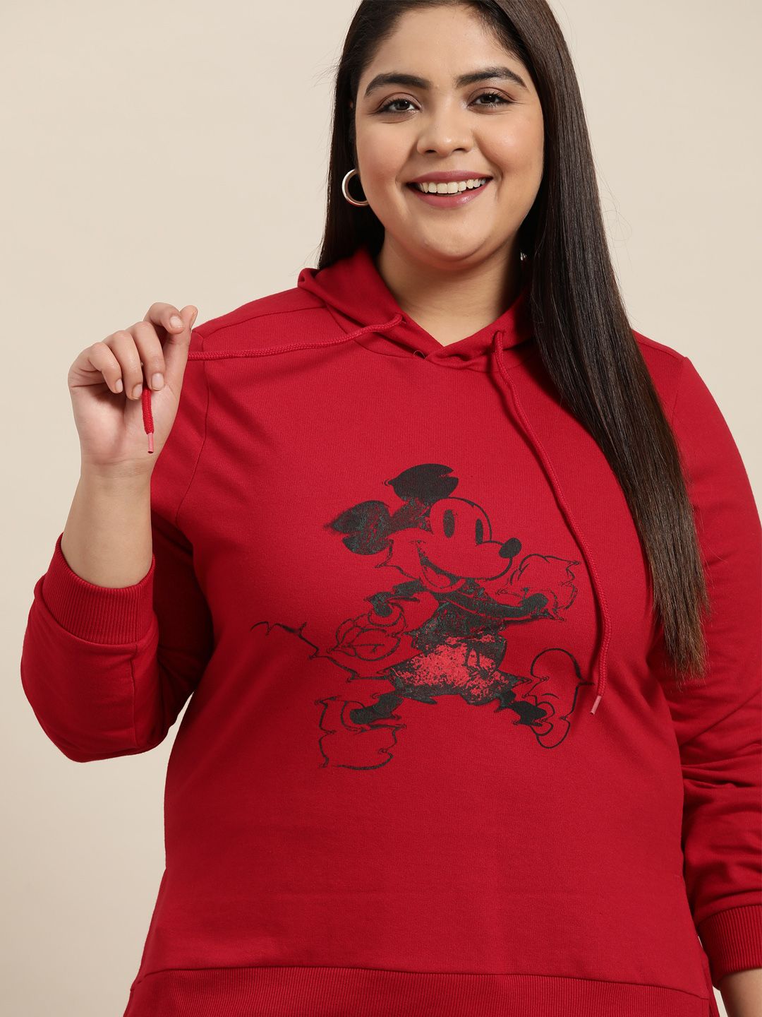 Sztori Disney Women Plus Size Red & Black Mickey Mouse Printed Hooded Sweatshirt Price in India