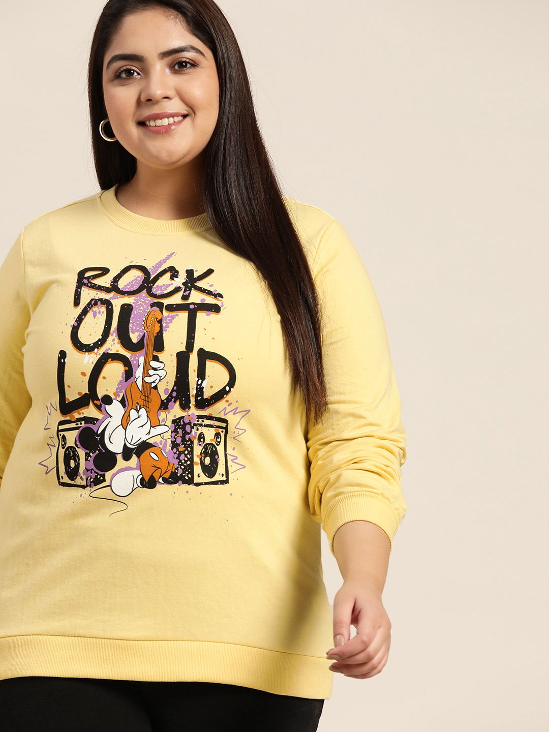 Sztori Disney Women Plus Size Yellow & Black Printed Sweatshirt Price in India