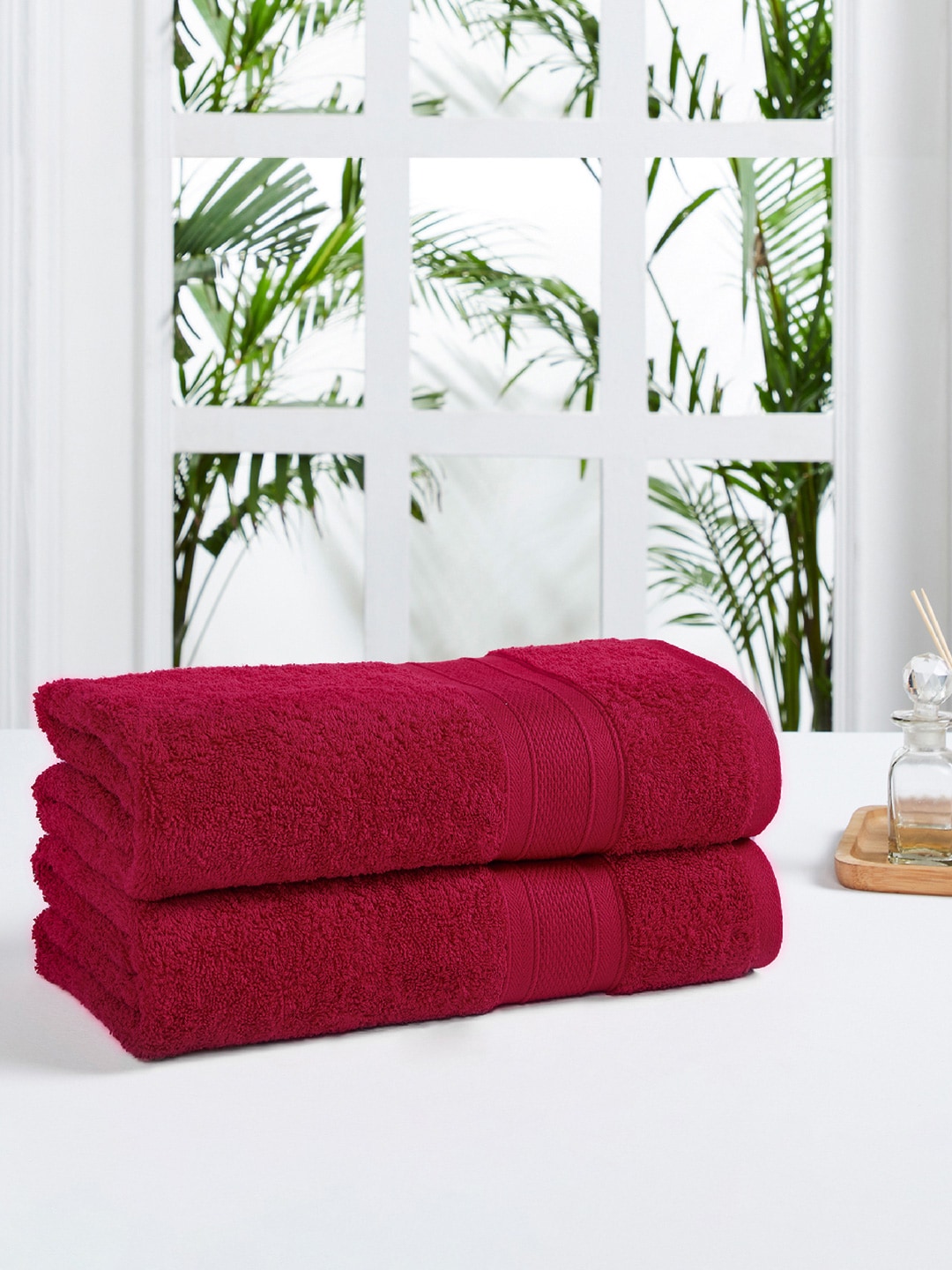 Trident Red 500 GSM Set of 2 Cotton Bath Towel Price in India