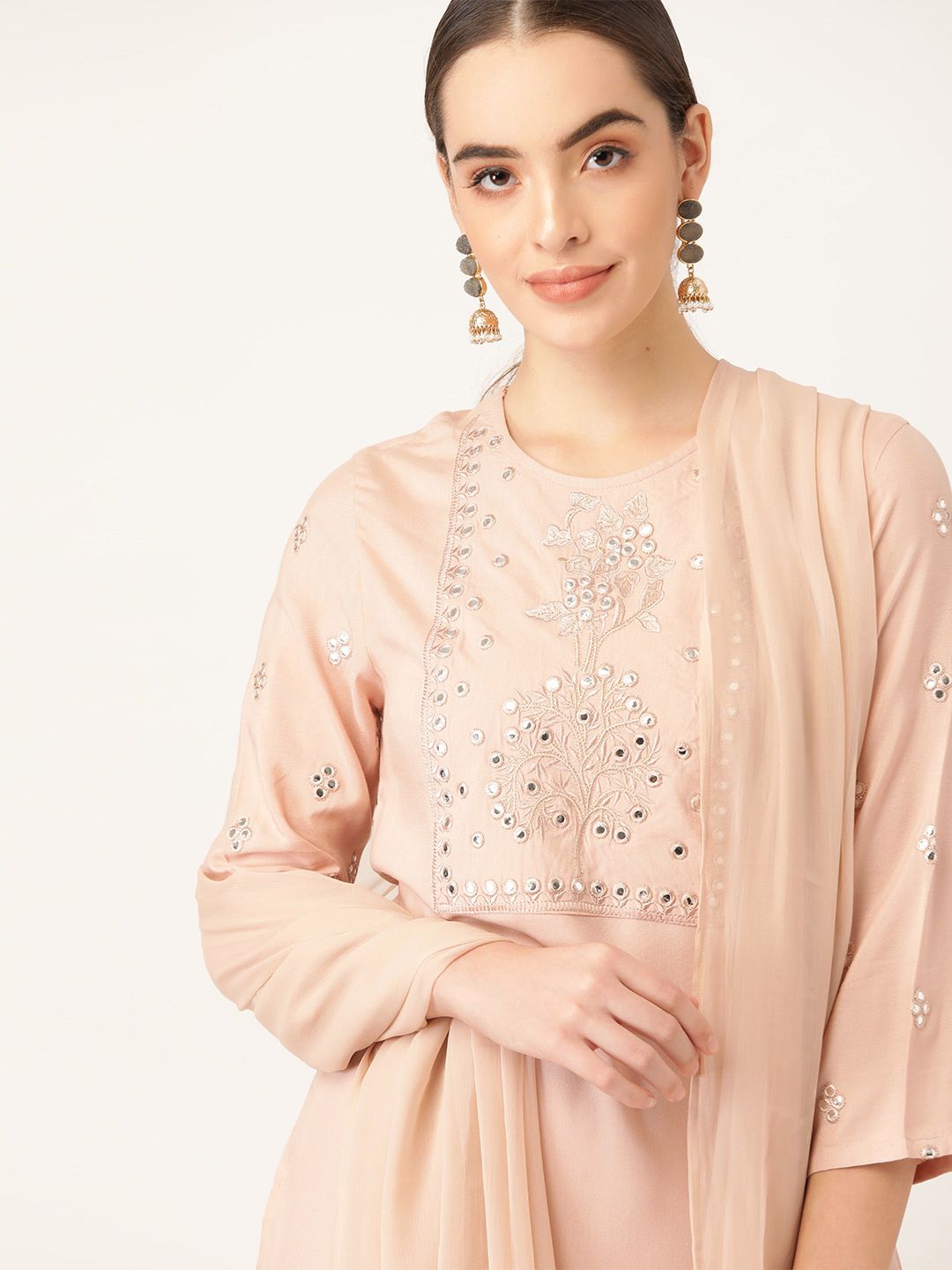 Anouk Women Peach-Coloured Yoke Design Mirror-Work Kurta with Trousers & With Dupatta Price in India