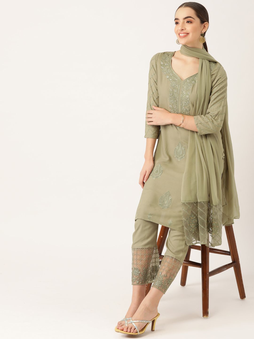 Anouk Women Olive Green Ethnic Motifs Yoke Design Kurta with Palazzos & With Dupatta Price in India