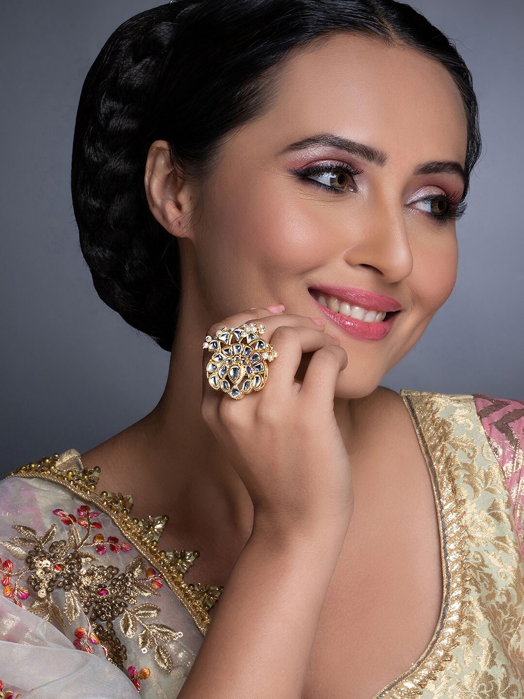 Sukkhi Gold-Plated White Kundan-Studded Pearl Embellished Adjustable Finger Ring Price in India