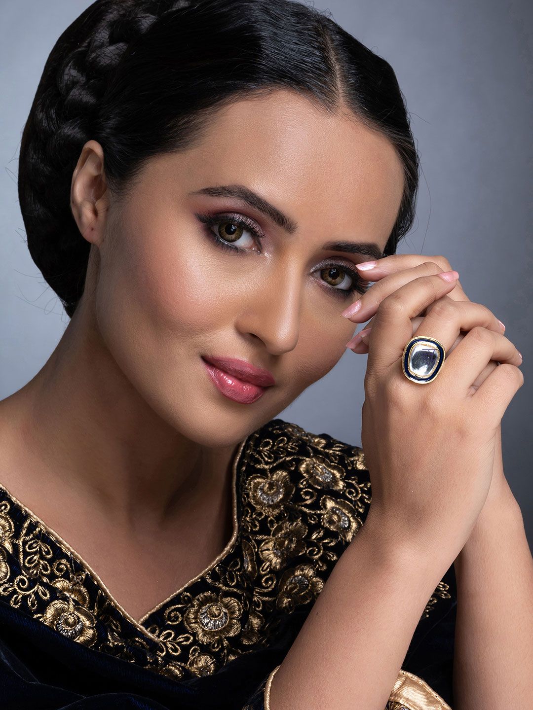 Sukkhi Gold-Plated Blue & White Kundan-Studded Meenakari Adjustable Finger Ring Price in India