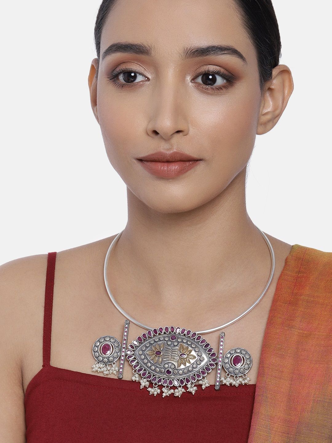 Peora Oxidised Silver-Plated & Pink Choker Necklace Price in India